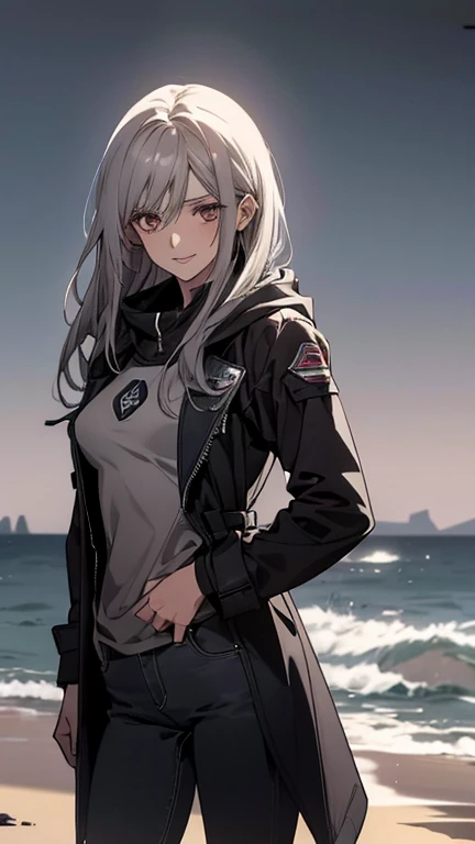 (Confused, High resolution, Very detailed), 1 female, Silver Hair,Long Hair,Reddish brown eyes,boots,Wearing a hood,Long coat,Skinny jeans,Black and white pilot suit,,Small breasts,26 years old,Beautiful woman,Adult female,,thin,quiet,Calm,A shy little smile,Coast at dawn