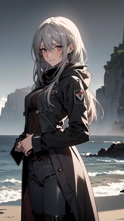 (Confused, High resolution, Very detailed), 1 female, Silver Hair,Long Hair,Reddish brown eyes,boots,Wearing a hood,Long coat,Skinny jeans,Black and white pilot suit,,Small breasts,26 years old,Beautiful woman,Adult female,,thin,quiet,Calm,A shy little smile,Coast at dawn