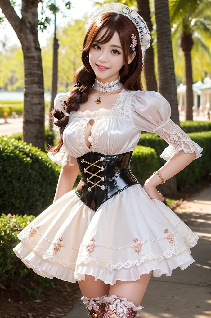 (nsfw), sexy stylish Thai model, only 1 female, ((doll-like appearance)), short Auburn stylish hair, ((shiny Victorian-Style boots)), (big smile), ultra detailed eyes, vivid eye makeup, lipgloss, long lashes, defined eyebrows, ((sexy Paradise Kiss cosplay)), bell-shaped skirt, petticoats, high neckline, puffed sleeves, ((ultra detailed lace)), ((ultra detailed embroidery)), intricate details, Paradise Kiss accessoires and matching headpiece, choker, ((large sparkling Paradise Kiss jewelry)), cinematic light, detailed large park background with trees