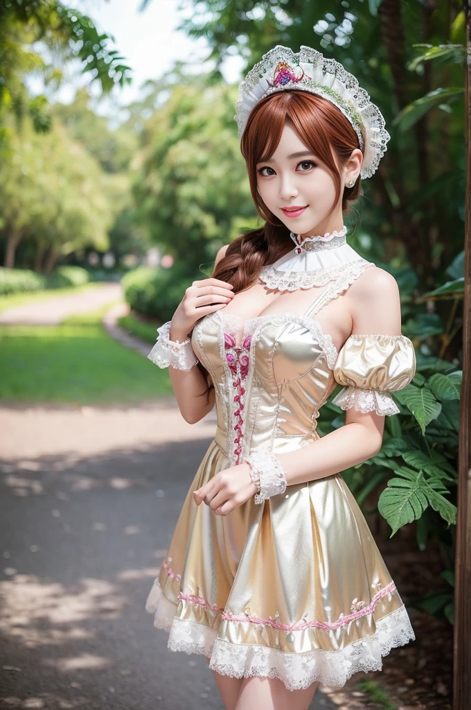 (nsfw), sexy stylish Thai model, only 1 female, ((doll-like appearance)), short Auburn stylish hair, ((shiny Victorian-Style boots)), (big smile), ultra detailed eyes, vivid eye makeup, lipgloss, long lashes, defined eyebrows, ((sexy Paradise Kiss cosplay)), bell-shaped skirt, petticoats, high neckline, puffed sleeves, ((ultra detailed lace)), ((ultra detailed embroidery)), intricate details, Paradise Kiss accessoires and matching headpiece, choker, ((large sparkling Paradise Kiss jewelry)), cinematic light, detailed large park background with trees 