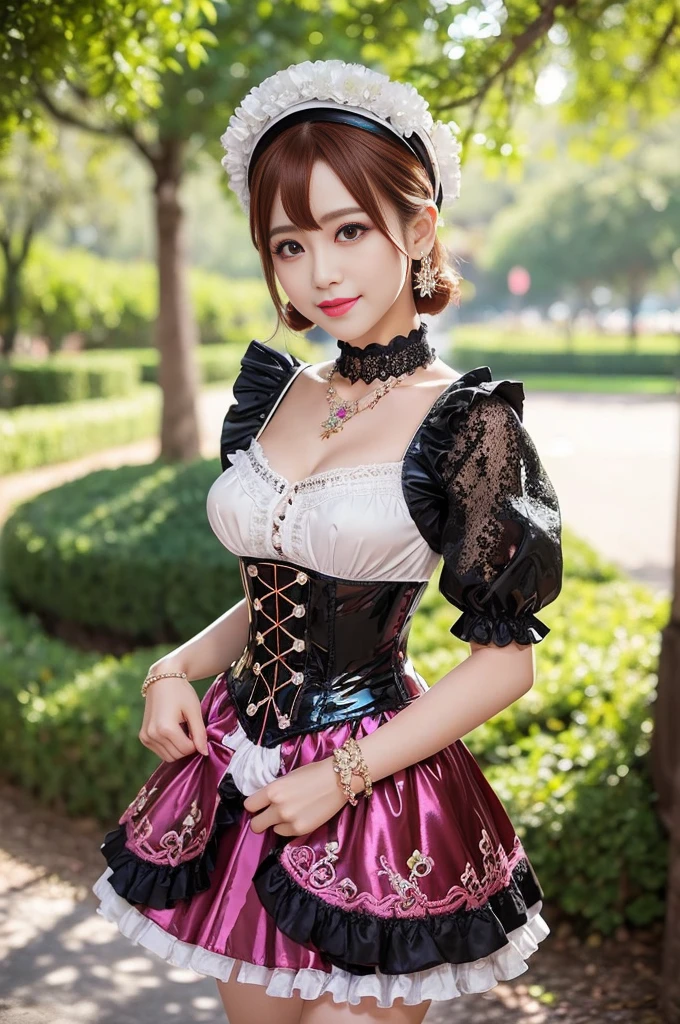 (8k raw photos, top quality, masterpiece, UHD), (realistic, photorealistic: 1.37), (realistic skin shading), ultra high resolution, depth of field, soft sunlight, very cute girl, slant or almond-shaped eyes, cute face, solo, cheeky smile, cleavage, big, very big breasts, very detailed eyes and hair, beautiful skin down to the smallest detail, attractive thighs, side ponytail, dark red hair, thick bangs, juicy thighs, skirt, boots, medieval cityscape, crowd,