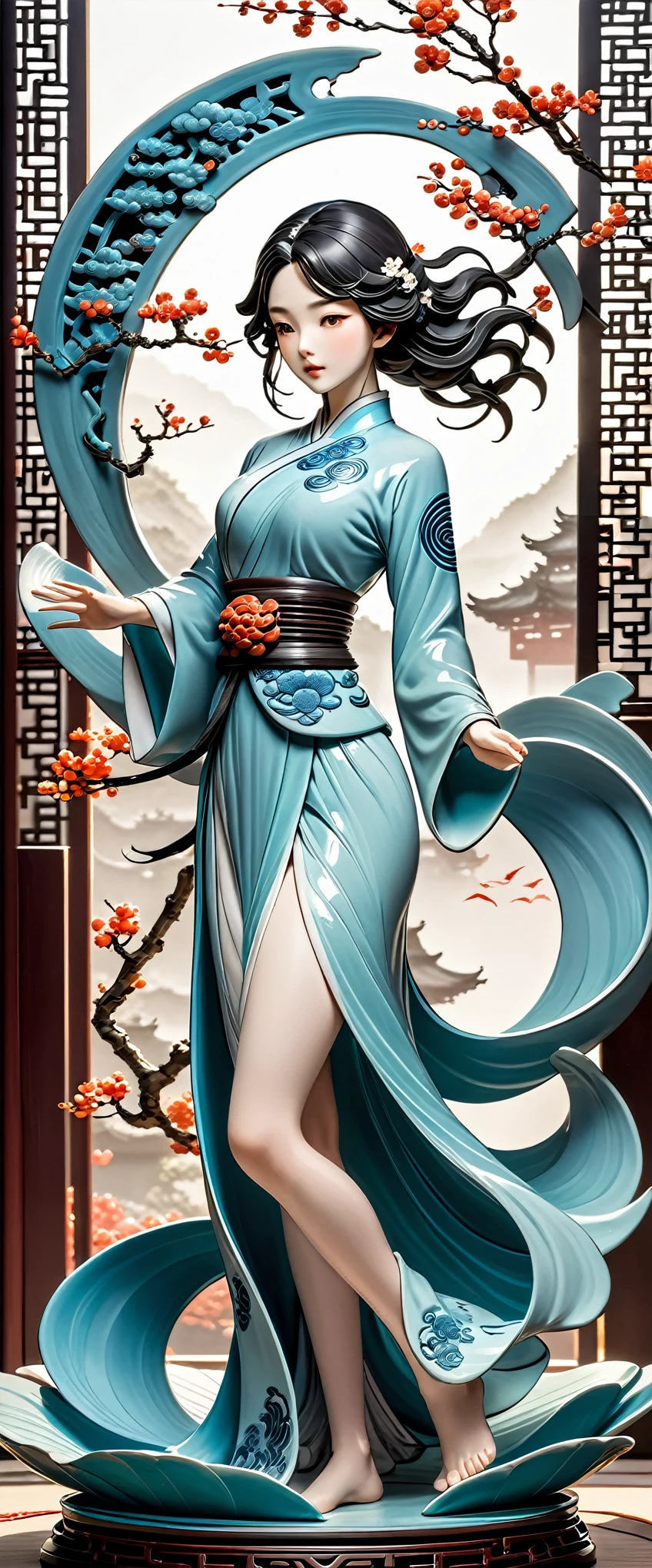 High Quality Fantasy Artifact Concept Art, Simple Tai Chi background, Ceramic Chinese Girl, Carved high-end porcelain, complicated, Gorgeous, 8K