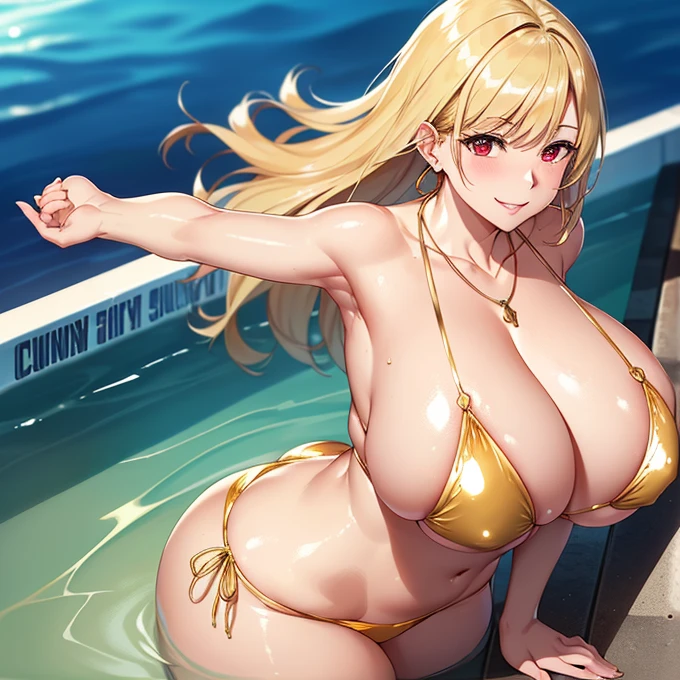 (masterpiece, highest quality:1.2),(Shiny skin:1.6), , Detailed cloth texture, Detailed hair texture, One Girl,((High diving players、Diving board)) 、alone, Sexy pose of a 27 year old woman, Long eyelashes, Lips parted, shining pink lips, Red eyes, (the body is slim:1.1), (Beautiful blonde hair:1.2), (Huge breasts:1.3), Floating Hair, (bangs), (Swimwear,Gold Micro Bikini), (Cleavage), (necklace, Earrings), smile, Blushing, View your audience, (Cowboy Shot:1.5), Coastal、Camel Toe、Giant tit、Nipple Puffs、Cleavage、Plump、Super big breasts、Super big butt