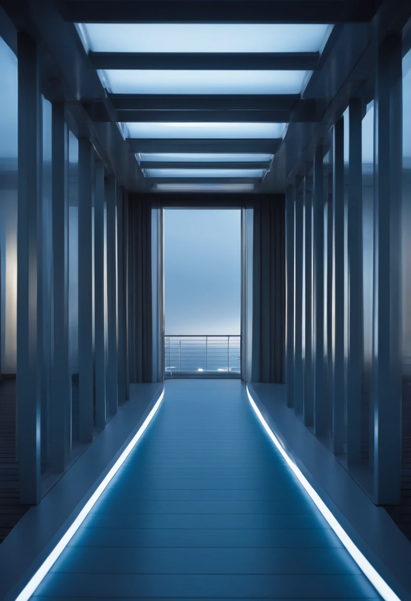 Glittering gray-blue decor emphasizes authority.In the background, Its sleek white design complements the vibrant deck lights. Scenes depict the atmosphere of the journey, masterpiece, best quality, 8K Ultra HD, Digital SLR Camera, Film Grain,