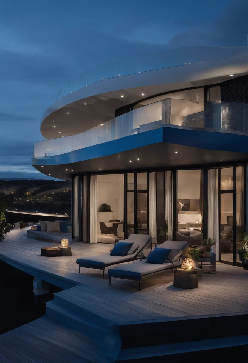 Glittering gray-blue decor emphasizes authority.In the background, Its sleek white design complements the vibrant deck lights. Scenes depict the atmosphere of the journey,   masterpiece, best quality, 8K Ultra HD, Digital SLR Camera, Film Grain, 