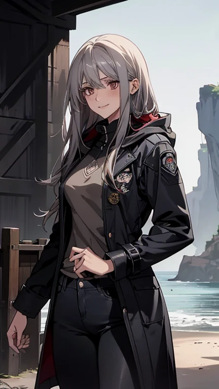 (Confused, High resolution, Very detailed), 1 female, Silver Hair,Long Hair,Reddish brown eyes,boots,Wearing a hood,Navy Long Coat,Black skinny jeans,Black and white pilot suit,,Small breasts,24-years-old,Beautiful woman,Adult female,,thin,quiet,Calm,A small smile,Coast at dawn
