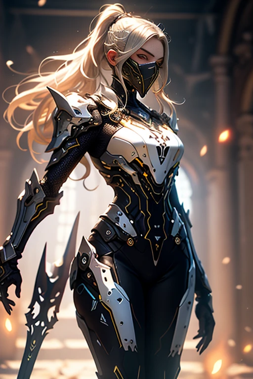 sensual girl, cabelos brancos e curtos, corpo completamente coberto por uma armadura de RPG assassino medieval, design de warframe como,seio grandes, espartilho, Punhais, mascarar, sensual, complicado, olhos vermelho, silver pants with black leather, corpo musculoso e torneado, cicatriz, auditory energy emission, crowded action post, postando para as fotos, magic emitting in the hands,double piece, low angle, Mulher de cabelos brancos em forma de M, olhos vermelhos,Pernas abertas, agachado, pernas de camelo, Mollyman, tiro de baixo, gritante, tronco, seios grandes, Corpo esguio, corpo delicado, roupas leves, calcinha mordendo, Medusa, pegue de perto, fechar-se