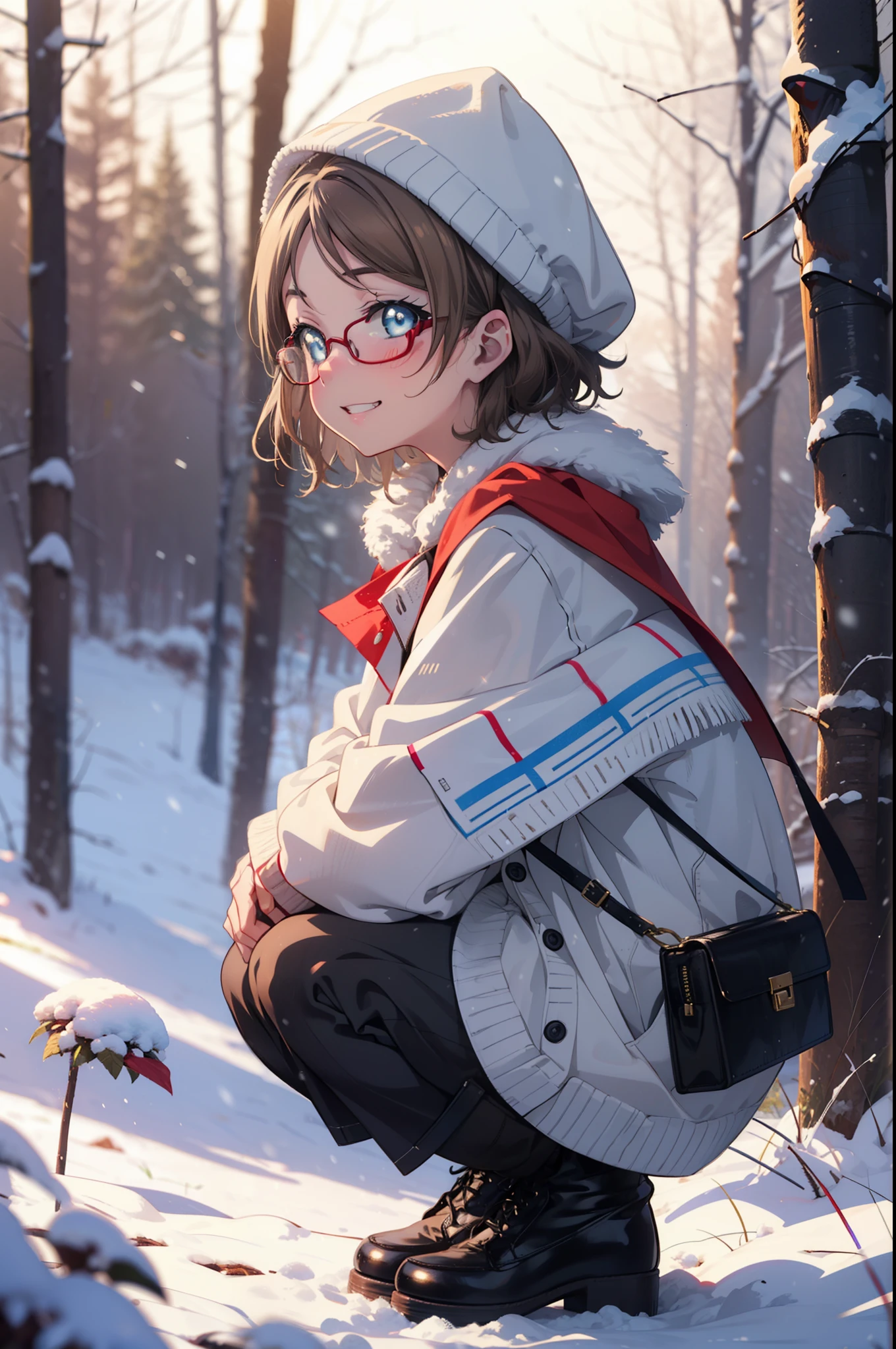 Yo Watanabe, Yu Watanabe, short hair, blue eyes, Brown Hair, smile, Grin,Medium Breast,Black-rimmed glasses,
Open your mouth,snow,Ground bonfire, Outdoor, boots, snowing, From the side, wood, suitcase, Cape, Blurred, having meal, forest, White handbag, nature,  Squat, Mouth closed, Cape, winter, Written boundary depth, Black shoes, red Cape break looking at viewer, Upper Body, whole body, break Outdoor, forest, nature, break (masterpiece:1.2), highest quality, High resolution, unity 8k wallpaper, (shape:0.8), (Beautiful and beautiful eyes:1.6), Highly detailed face, Perfect lighting, Extremely detailed CG, (Perfect hands, Perfect Anatomy),