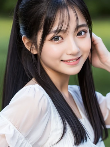 6 year old girl、、Small breasts、Black Hair、Iris、Straight Hair、ponytail、White dress、whole body、Are standing、Small face、Clean eyes、Small Mouth、evening、Riverbank、high resolution、8k、highest quality、超high resolution、Realistic、1 person、Young face、Flat chested、A big smile、Thin face、、