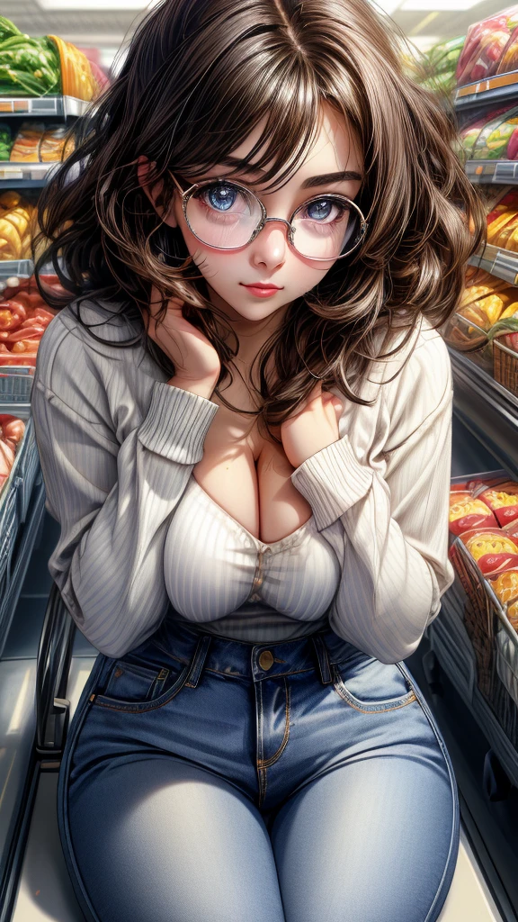 ung woman, very pretty, shy, big shiny eyes, thin upturned nose, glasses, very sweet face, (nice body),(nice large breasts),(nice hands), wearing a light unbottoned blue blouse with thin white stripes, jeans, sitting at a supermarket checkout were she works