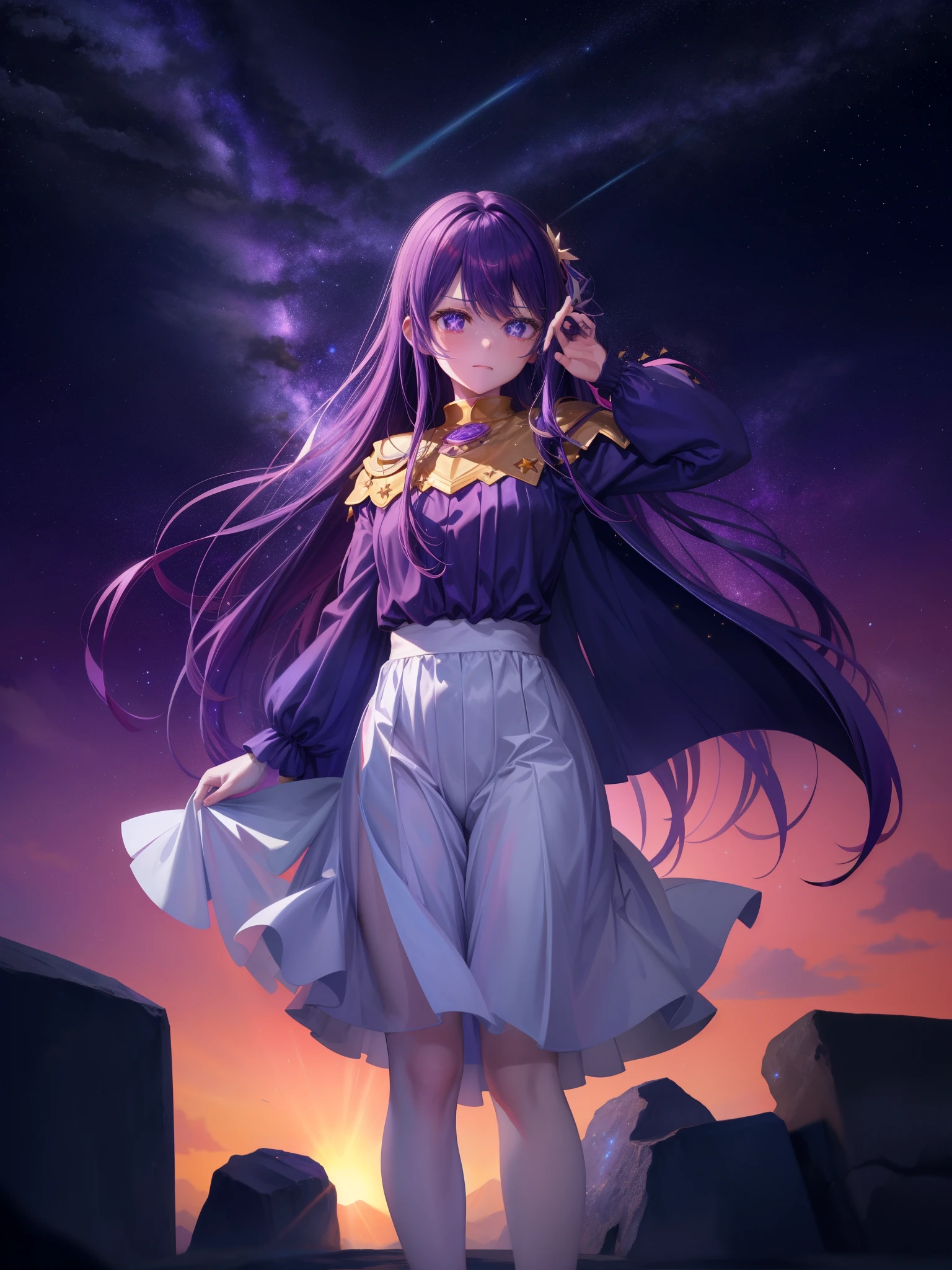 Purple Hair、Starry Sky、Seven holy swords split the heavens、The seven star swords pierce the earth。That moment、Seven stars shining in the sky々The light of judgment shines forth.、It will become the blade of fateful judgment that burns everything down.。
「Grand Chariot!」
With that cry、The night sky turns silver in an instant、The light of countless stars gathers at one point and is released。The light is、It was as if the heavenly host had descended to earth.、Purify everything with overwhelming power、Judge the Righteous。