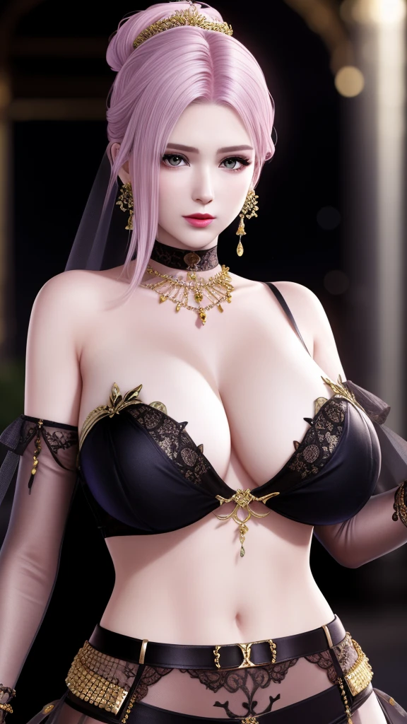 Ultra-realistic 8k CG, picture-Perfect face, Flawless, Clean, masterpiece, Professional artwork, movie lighting, Bloom, Perfect face, Pretty Face, 摆拍enchanting姿势,Super huge breasts, Wearing a strapless,Lace bra and lace thong, trim, Lace-trimmed legwear, Luxury, pearl, Intricate details, Exquisite pattern, charming, Tempting, Tempting, , enchanting, Hair accessories, neck lace, earrings, bracelet,Halo ((,1 Girl:1.5,Solitary,absurd, High resolution, emaciated,Transparent sleeves, ))