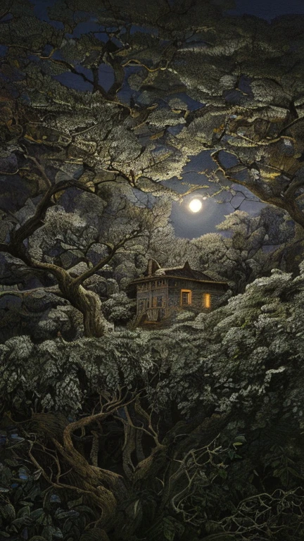 (masterpiece:1.2, Best quality), (ultra detailed), (illustration), (ultra high resolution), (delicate illustration), (super detailed), (Super Detail:1.3), professional lighting, cinematic lighting, (nostalgia and peace:1.3), professional (Landscape) nature, moonlight, moonlight on tree leaves, (fight, dark night, full moon, dark lighting)