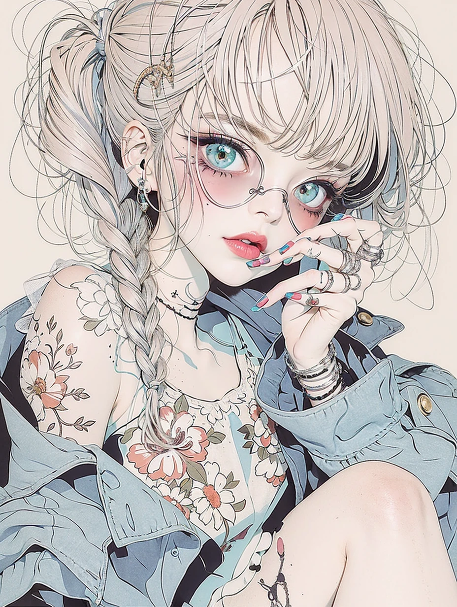 masterpiece, ultra detailed, hyper detailed, insanely detailed, detailed, high quality, best quality, exquisite, beautiful, woman, shy, wink, making a V sign, looking at viewer, black hair, big eyes, slant eyes, wide-eyed, heterochromia, with heart-shaped pupils, wheatish skin, skirt, choker, with a tattoo, piercing, beauty mark, freckles, blush, nail polish, long hair, twintail, very long hair, long hair, twintails, spiked hair, flipped hair, ahoge, shiny hair, wavy hair