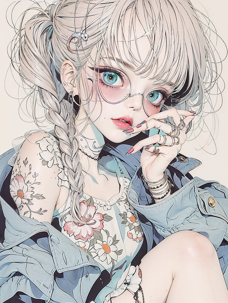 masterpiece, ultra detailed, hyper detailed, insanely detailed, detailed, high quality, best quality, exquisite, beautiful, woman, shy, wink, making a V sign, looking at viewer, black hair, big eyes, slant eyes, wide-eyed, heterochromia, with heart-shaped pupils, wheatish skin, skirt, choker, with a tattoo, piercing, beauty mark, freckles, blush, nail polish, long hair, twintail, very long hair, long hair, twintails, spiked hair, flipped hair, ahoge, shiny hair, wavy hair