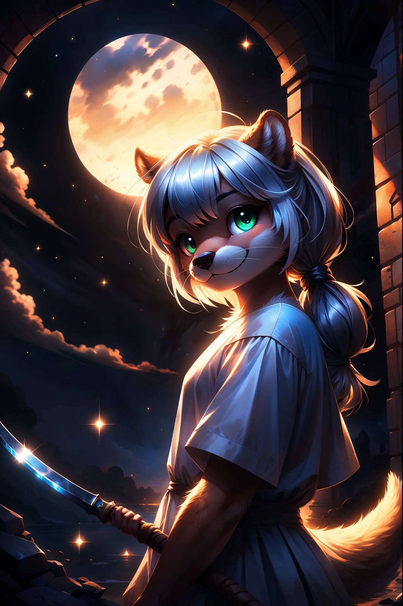 Otter,was hairy,shaggy,Skin fur,White fur,Forelimb hands, solid circle eyes,White ears,White face fur ,One side of the eye is blue,The other eye is blue-green,Super cute face,With a scythe,Raven on the shoulder,White dress,Ambient light,Ultra-fine fur,volumettic light,White hair, hair splayed out, Shiny hair, low twintails, solid circle eyes, dashed eyes, bangs, wicked, Contrast of light and shade, Ultra HDR, Masterpiece, Super detail,ruin,Night,Galaxy River