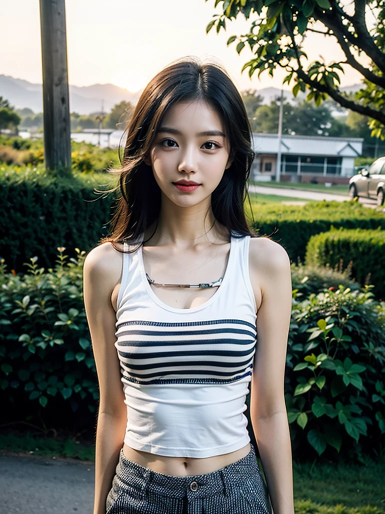realistic photos of 1 cute Korean star, hair two side up, white skin, thin makeup, 32 inch breasts size, slightly smile, wearing red vertical striped tank top, pants, at countryside village, sunset light, upper body portrait, UHD