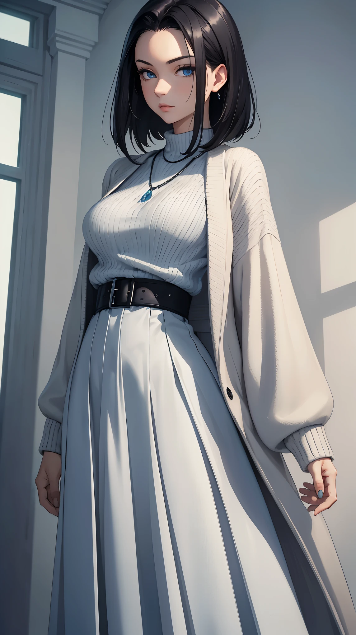 Masterpiece, stunning realistic, best quality, sharpness, 1 girl,black hair,slick back,long bobcut ,blue eyes,middle large breasts,long overcoat,knitted sweater,long skirt,silver necklace,standing in a white room