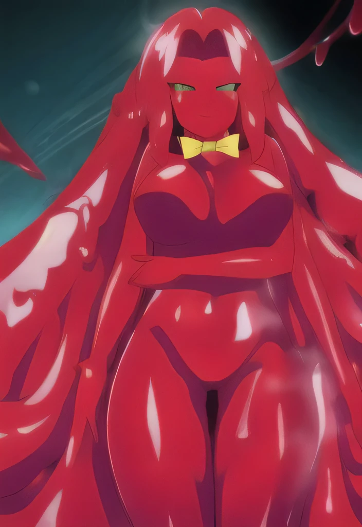  highest quality, Very detailed, Perfect Face, Red Slime Body, Green Eyes, Yellow bow tie, Melting thighs, wrist, ((Dissolves hair, Jamanen)) ,Big Breasts,Long Hair,Shaking body,Muddy cave,Shiny body,Slime Girl