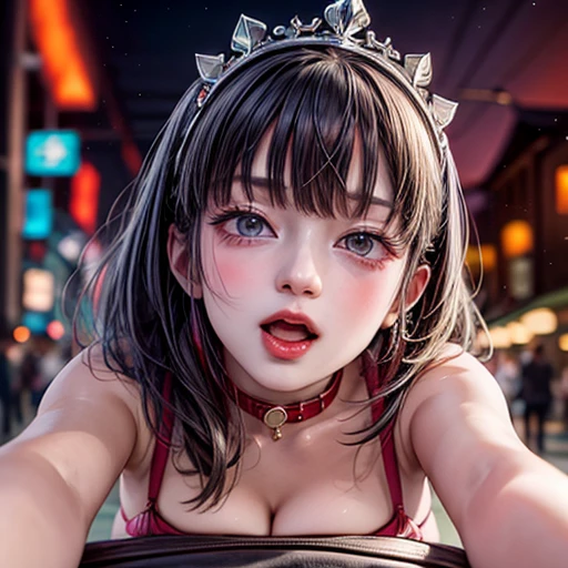 masterpiece of professional Analog photo, realistic and photorealistic with touch of rawness, (a close-up portrait of a tiny princess wearing thongs on a city street), Dusk violet Sky, intricate lighting effects with light particles, (many colorful lights dazzling bokeh), Traffic lights, a crowd of fashionable street girls in the background, { Childish | Gigantic Cleavage }, (((NOGIZAKA))) Extremely Detailed very KAWAII face variation, perfect anatomy, captivating gaze, elaborate detailed Eyes with (sparkling highlights:1.2), long eyelashes、Glossy RED Lips with beautiful details, Coquettish tongue, Rosy cheeks . (Dynamic joyful expressions), { pleasure in agony | Ecstasy | :D | screaming | Perplexed }, Mystic sight . hair and eye color is same color, { Red leather high collar | Red ribbon }, from diagonally angle. short bob, Tiny princess tiara .