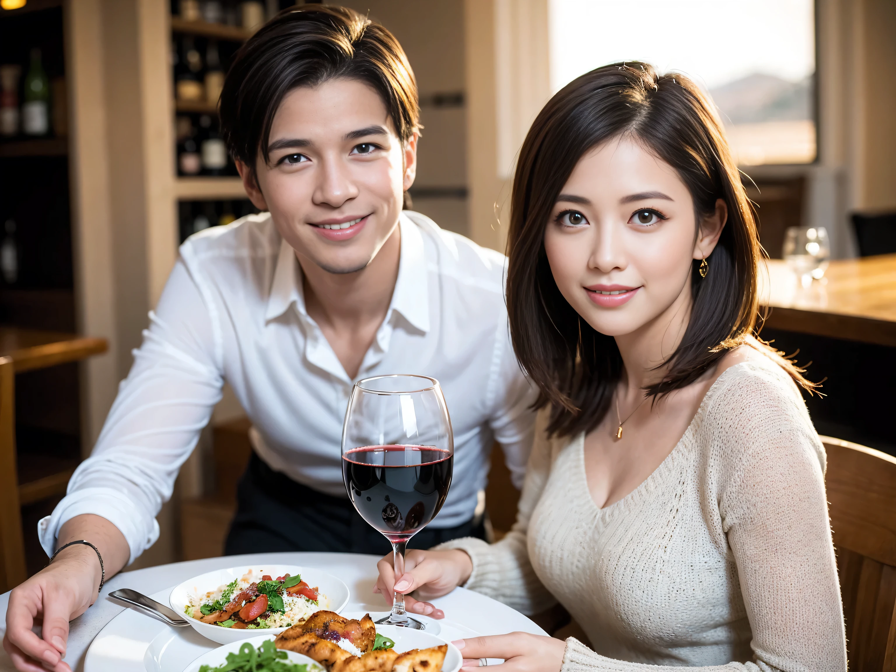 ((highest quality、8k、masterpiece:1.3))、1 male、1 woman who resembles Satomi Ishihara、Couple、Spouse、Couple、The body is slim、((Bob Hale、Straight hair:1.2)), (Realistic, Intricate details:1.2), Wine glass on the table、Put the light on your face、 Amazing view of the sunset sky and clouds、Amazing mountain views、A bright smile、The wonderfulness of smile、Bright image、The beauty of wine, Beautiful Face, blue eyes, The light shines on your face, Blushing, short hair,Bright Face、 (Age 37), 39 years old, red wine 、Appetizers、Italian food、Wine bottle、Champagne、sparkling wine、Two beauties、Brown Hair、Shortcuts、Long sleeve shirt、dress、Pretty Woman 1, (Slim face), (The body is slim), (Brown Hair), (Shortcuts), cheeks turn a little red,Attractive beauty、restaurant, In a prominent place (From the waist up) Nova Frog Style, actress, model, Upper Body, White wine, slim, wine glass, A wine glass placed in the center, smile, (smile: 1.15), Beautiful fine grain, Depth f/2,saturation, High Contrast, Strong light and shadow,Moist Body:1.5、3D texture、Delicate eyes、Brown Hair、The hair is very shiny、