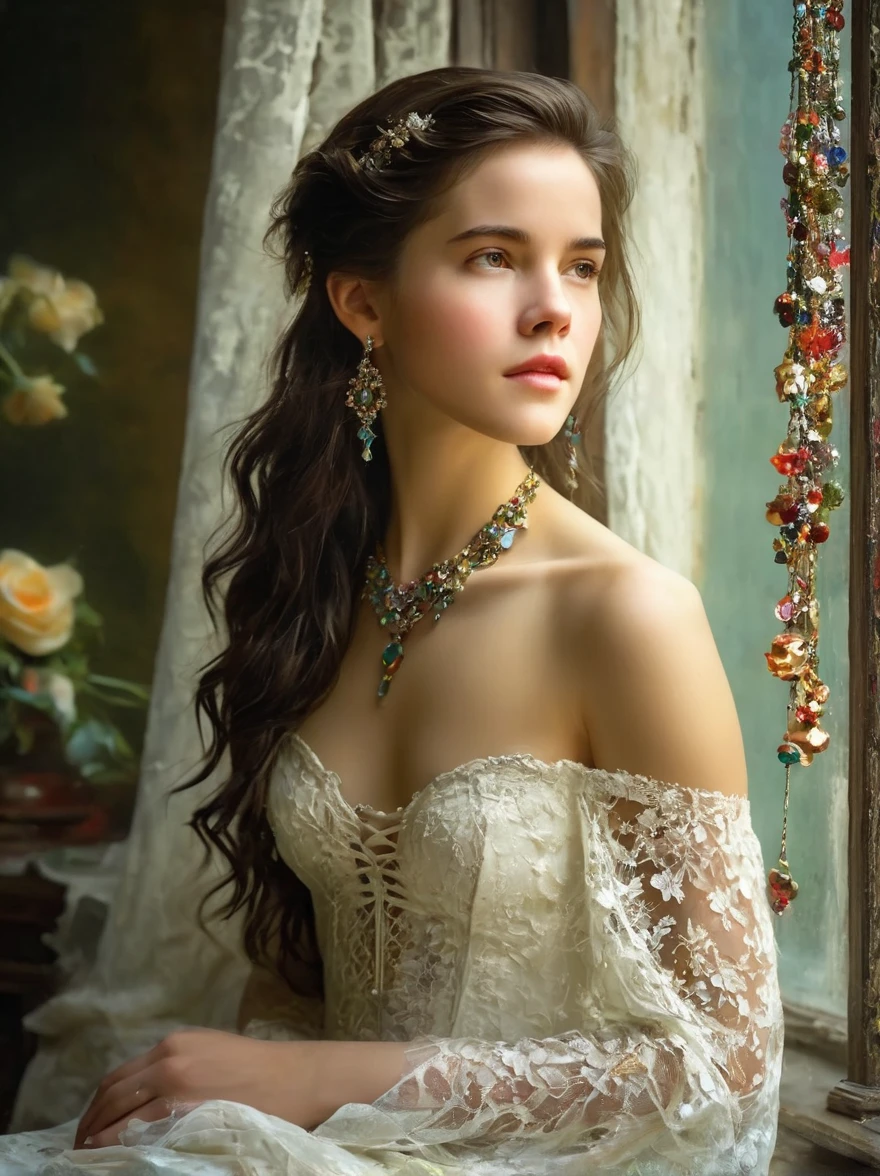 Gustave Moreau (Gustave Moreau),Thomas Kinkade (Thomas Kinkade),james gurney (james gurney) HDR landscape photos taken,Carnet Griffiths,Frank Frazetta,van gogh,Paintings by Alberto Servezzu,masterpiece,actual,Bright,White tint,超Reality主义, Star光环, In the bright embrace of moonlight serenade, ((solitary)), long hair, Black Hair, (Emma Watson:0.8), (躲在白色opaque蕾丝毯子里, White lace curtains:1.4), Looking at the audience, Reality主义艺术家, (head chain, (Jewelry:1.3):1.1), necklace, Lace suspenders, (opaque:1.6), (see through:1.2), (complicated细节:1.5), ((stupid,smug)),Compare,Tone,texture, detailed, Star, Colorful Halo, Full of energy, Expressive, Dramatic, organic lines and forms, Fantasy and mystery, 超Reality主义,Portrait Photography,complicated,meticulous,sharp,Clear,Better image quality,rough brushstrokes,High Dynamic Range,vivid,Rich in details,阴影和高光Clear,Reality,Generous,Compare度增强,Rich in details