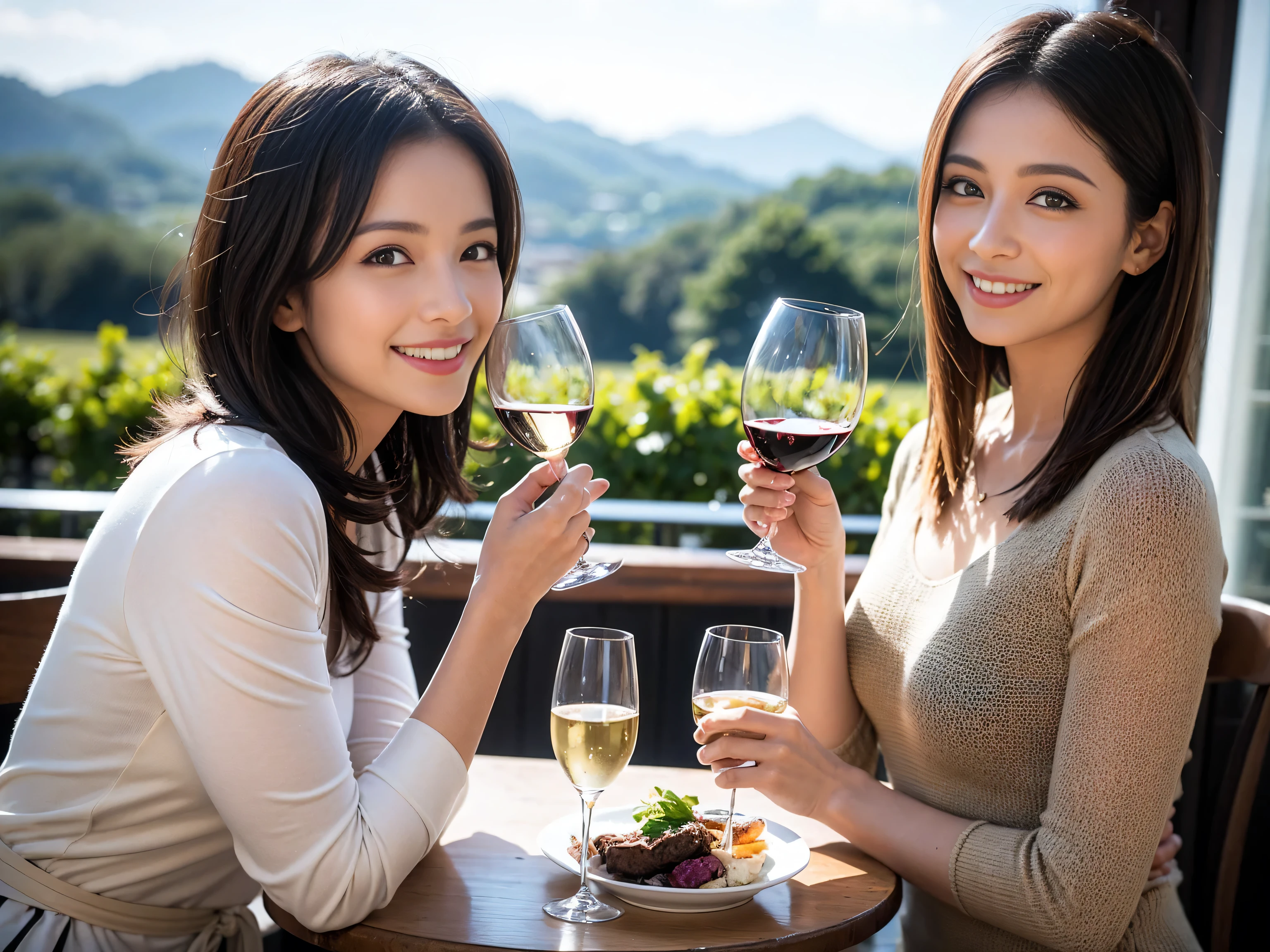 ((highest quality、8k、masterpiece:1.3))、1 male、1 woman who resembles Satomi Ishihara、Couple、Spouse、Couple、The body is slim、((Bob Hale、Straight hair:1.2)), (Realistic, Intricate details:1.2), Wine glass on the table、Put the light on your face、 Amazing view of the sunset sky and clouds、Amazing mountain views、A bright smile、The wonderfulness of smile、Bright image、The beauty of wine, Beautiful Face, blue eyes, The light shines on your face, Blushing, short hair,Bright Face、 (Age 37), 39 years old, red wine 、Appetizers、Italian food、Wine bottle、Champagne、sparkling wine、Two beauties、Brown Hair、Shortcuts、Long sleeve shirt、dress、Pretty Woman 1, (Slim face), (The body is slim), (Brown Hair), (Shortcuts), cheeks turn a little red,Attractive beauty、restaurant, In a prominent place (From the waist up) Nova Frog Style, actress, model, Upper Body, White wine, slim, wine glass, A wine glass placed in the center, smile, (smile: 1.15), Beautiful fine grain, Depth f/2,saturation, High Contrast, Strong light and shadow,Moist Body:1.5、3D texture、Delicate eyes、Brown Hair、The hair is very shiny、