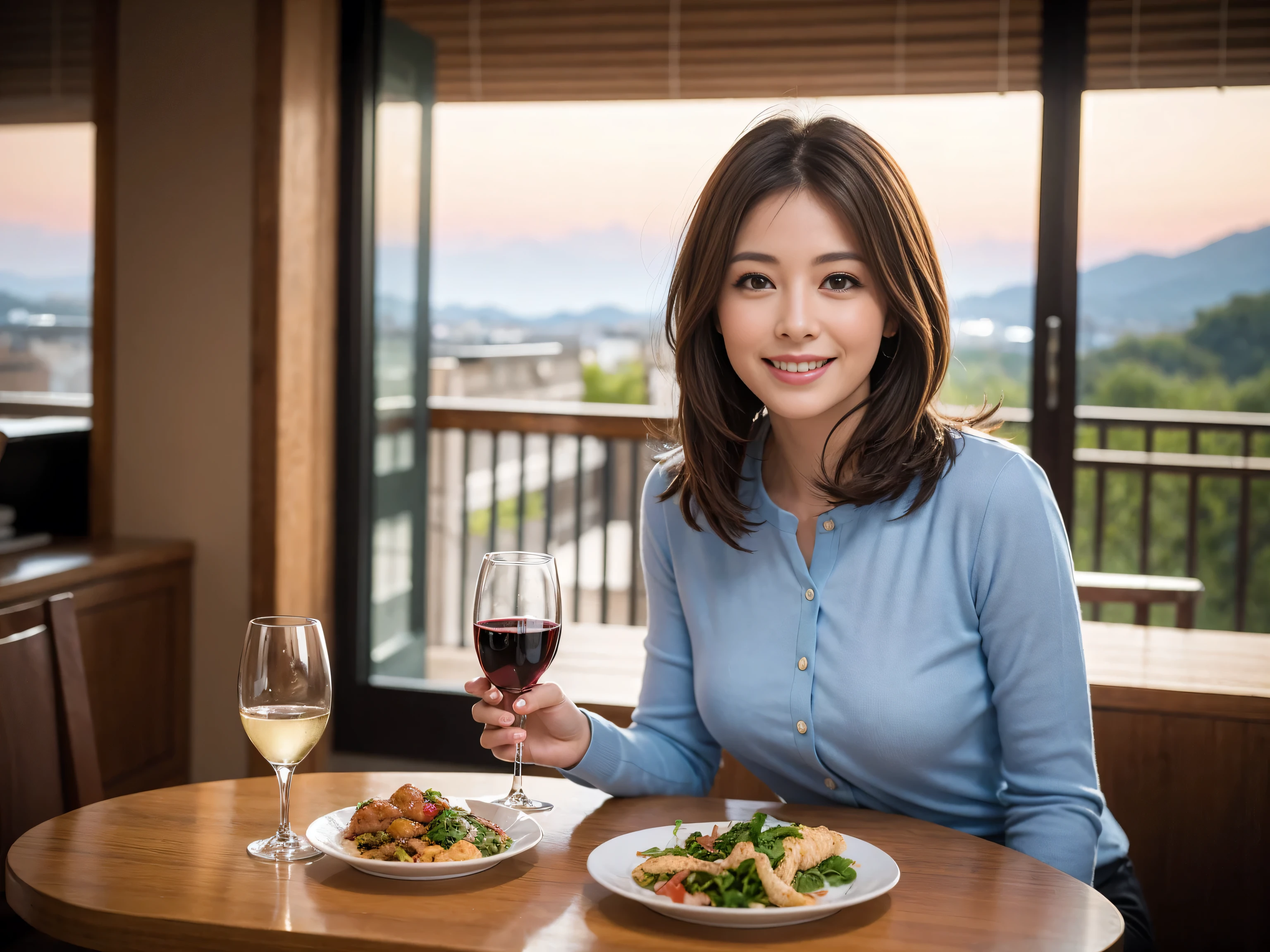 ((highest quality、8k、masterpiece:1.3))、1 male、1 woman who resembles Satomi Ishihara、Couple、Spouse、Couple、The body is slim、((Bob Hale、Straight hair:1.2)), (Realistic, Intricate details:1.2), Wine glass on the table、Put the light on your face、 Amazing view of the sunset sky and clouds、Amazing mountain views、A bright smile、The wonderfulness of smile、Bright image、The beauty of wine, Beautiful Face, blue eyes, The light shines on your face, Blushing, short hair,Bright Face、 (Age 37), 39 years old, red wine 、Appetizers、Italian food、Wine bottle、Champagne、sparkling wine、Two beauties、Brown Hair、Shortcuts、Long sleeve shirt、dress、Pretty Woman 1, (Slim face), (The body is slim), (Brown Hair), (Shortcuts), cheeks turn a little red,Attractive beauty、restaurant, In a prominent place (From the waist up) Nova Frog Style, actress, model, Upper Body, White wine, slim, wine glass, A wine glass placed in the center, smile, (smile: 1.15), Beautiful fine grain, Depth f/2,saturation, High Contrast, Strong light and shadow,Moist Body:1.5、3D texture、Delicate eyes、Brown Hair、The hair is very shiny、