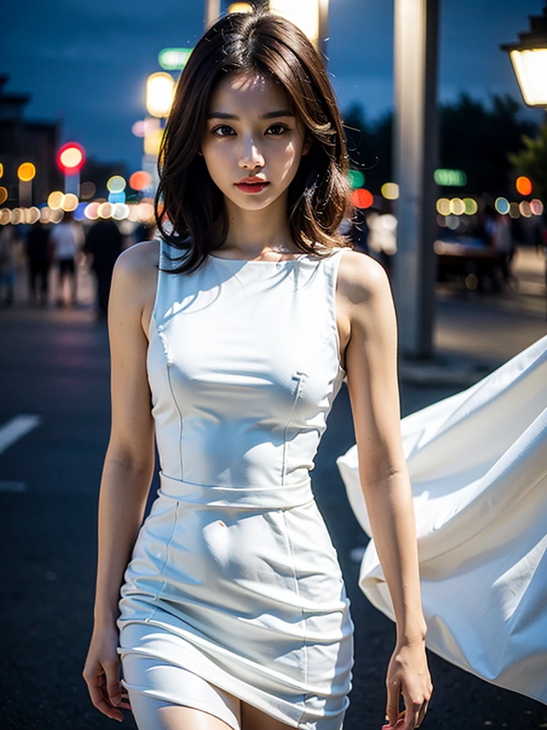 ((Realistic lighting, Best quality, 8K, Masterpiece: 1.3)), Focus: 1.2, 1girl, Perfect Figure: 1.4, Slim Abs: 1.1, ((Dark brown hair)), (White dress: 1.4), (Outdoor, Night: 1.1), City streets, Super fine face, Fine eyes, Double eyelids,