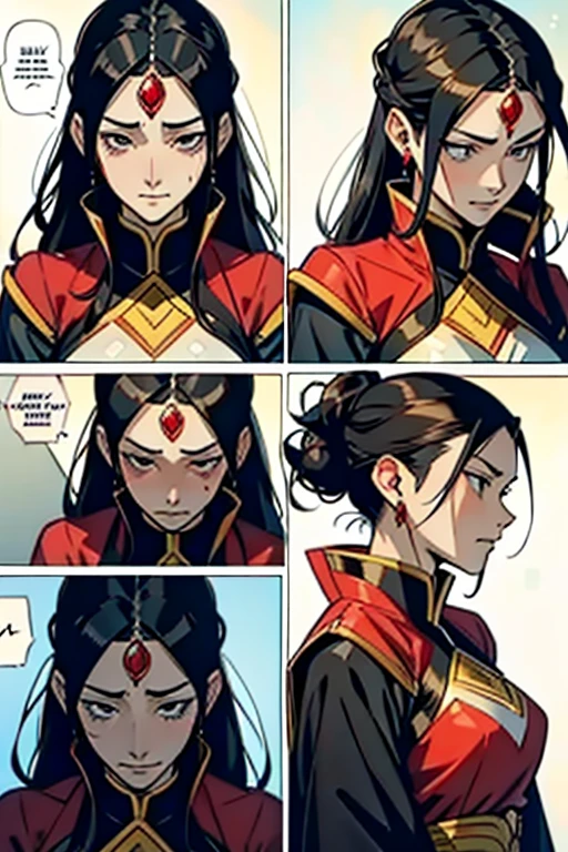 Empress with black hair and red diamond on forehead crying and begging for someone to save her, manga page with panels and dialogue