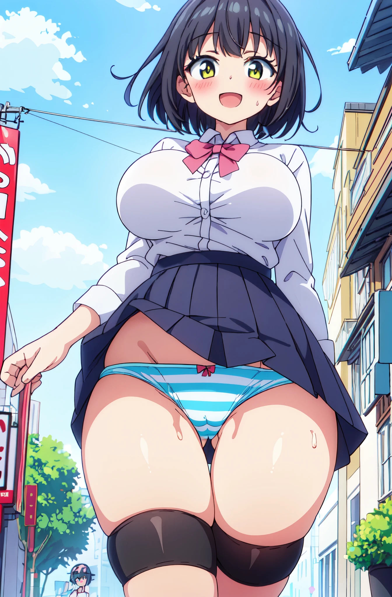 ((Table t○p, highest quality, Hi-Res Lucifer,Anime Screen Capture、Pixel Perfect, 8k, Browsing Caution)))、Perfect Anatomy、(((Huge breasts、Wide Hips、Wide ass)))、(((A skirt flipped up by the wind、White shirt、Black mini skirt、Blue striped panties)))、Hands on hips、Sweat, vapor,(Yellow Eyes)、((Black Hair)), ((((:d、blush))))、(city)