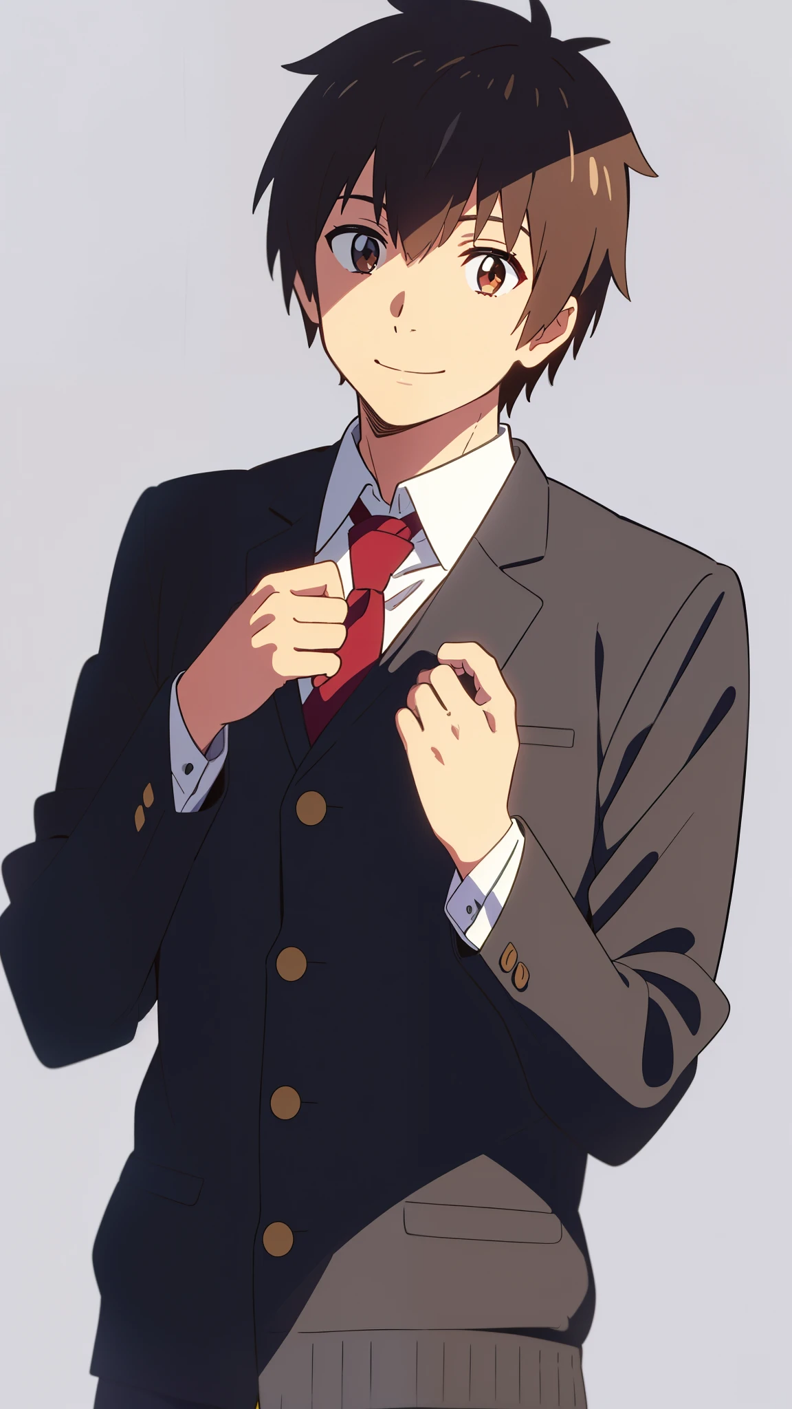 shinkai makoto, kimi no na wa., 1boy, brown hair, brown eyes, red tie, collared shirt, white shirt, black cardigans, looking at the viewer, short hair, male focus, smile, solo, upper body, long sleeves, simple background