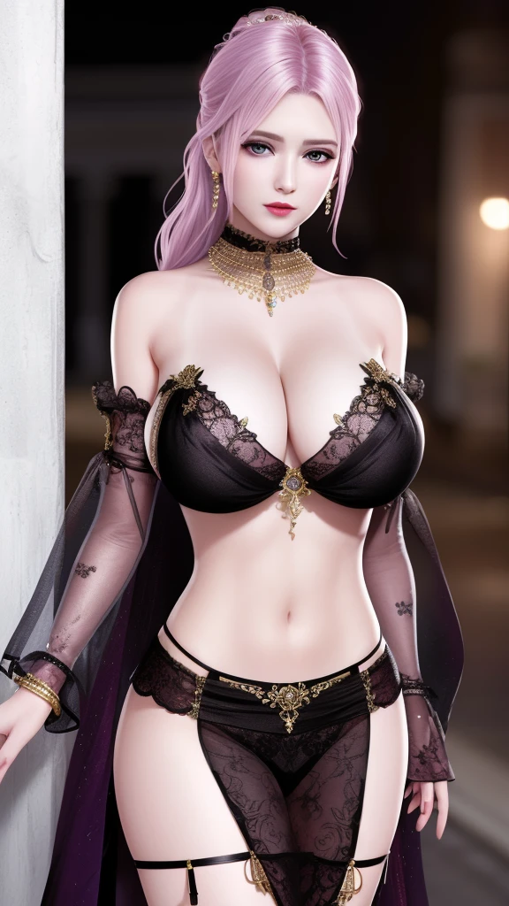 Ultra-realistic 8k CG, picture-Perfect face, Flawless, Clean, masterpiece, Professional artwork, movie lighting, Bloom, Perfect face, Pretty Face， 摆拍enchanting姿势,Super huge breasts, Wearing a strapless，Lace bra and lace thong, trim, Lace-trimmed legwear, Luxury, pearl, Intricate details, Exquisite pattern, charming, Tempting, Tempting, , enchanting, Hair accessories, neck lace, earrings, bracelet,Halo ((,1 Girl:1.5,Solitary,absurd, High resolution, emaciated,Transparent sleeves,  ))