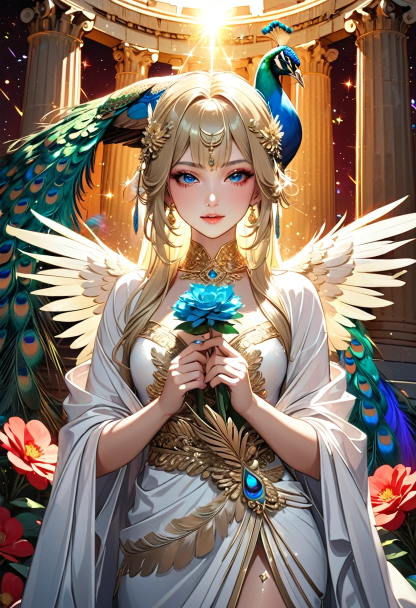 (masterpiece, best quality:1.1),
(ultra highres, ultra-detailed:1.2) ,raman girl,blonde,hair ornaments,flower pattern White Robe,(has Peacock wings), BREAK,detailed hand,Holding flower in both hands,Scarlet aura,divine,beautiful effects,Alluring,Background:Parthenon temple,dynamic pose,(Glitter:1.5) ,(sparkle:1.5) ,(feather:1.5)