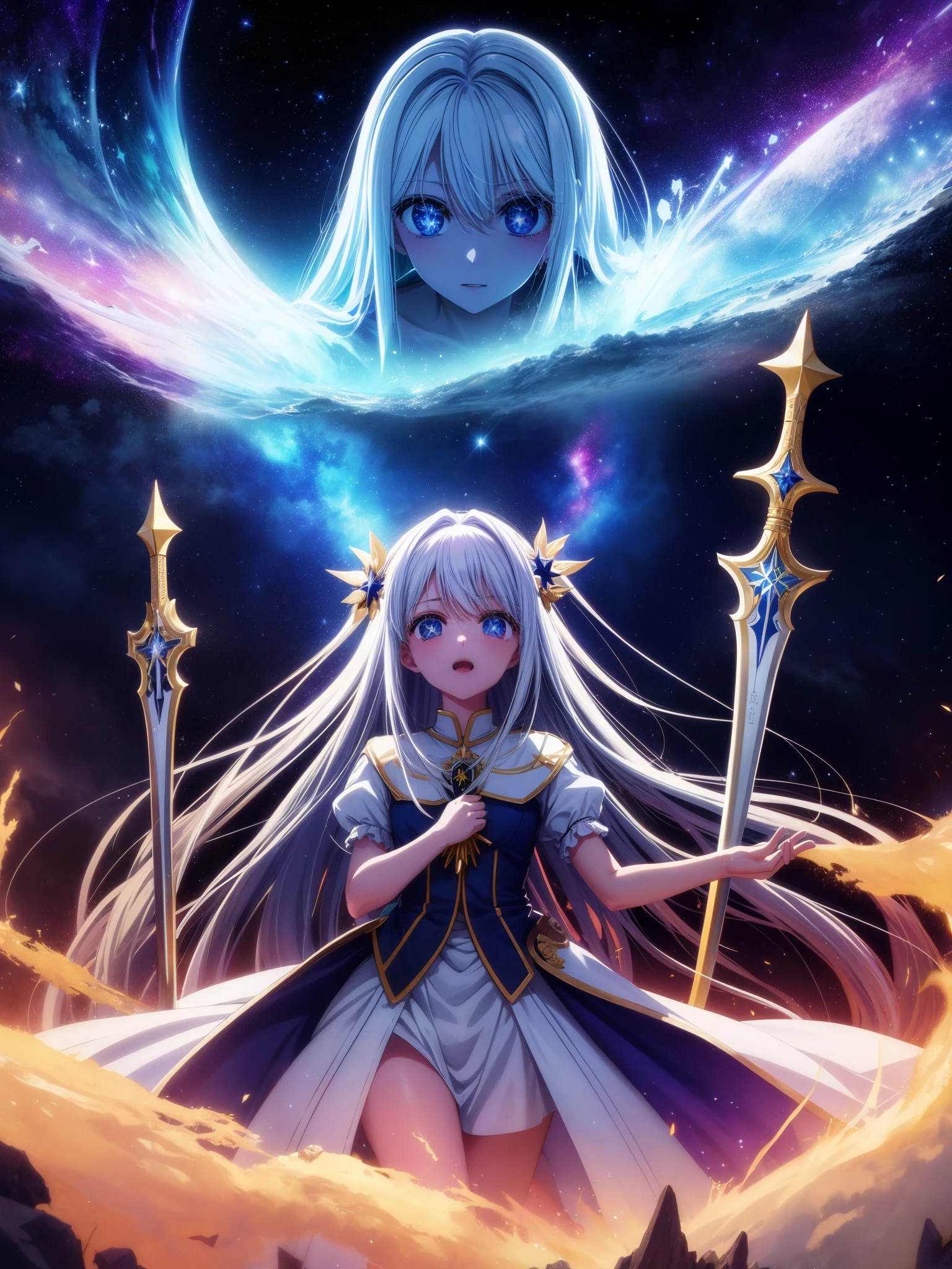 Seven holy swords split the heavens、The seven star swords pierce the earth。That moment、Seven stars shining in the sky々The light of judgment shines forth.、It will become the blade of fateful judgment that burns everything down.。
「Grand Chariot!」
With that cry、The night sky turns silver in an instant、The light of countless stars gathers at one point and is released。The light is、It was as if the heavenly host had descended to earth.、Purify everything with overwhelming power、Judge the Righteous。