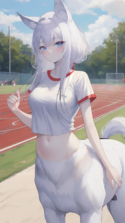 (best quality, masterpiece), 1 girl, centaur, It takes,White skin, Sports day, belly button t-shirt, beautiful girl perfect wolf photo, perfect wolf photo