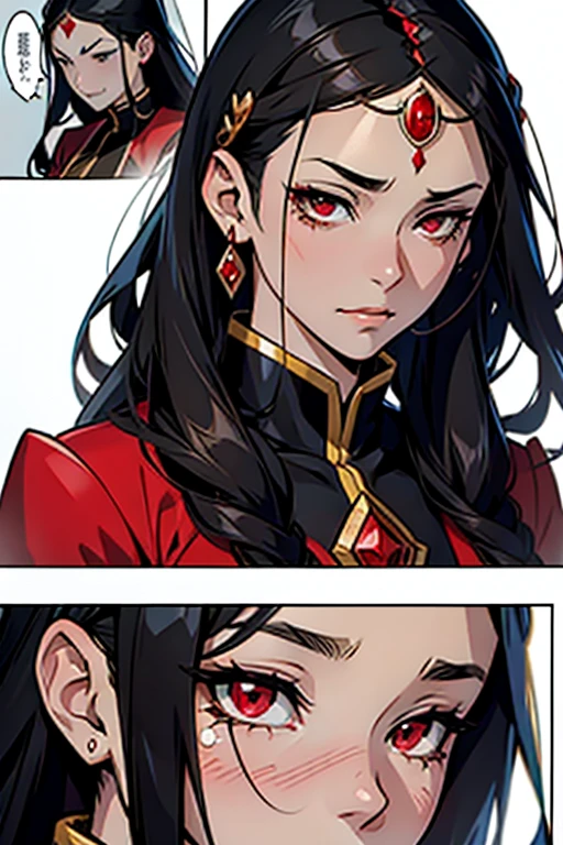 Empress with black hair and red diamond on forehead crying , manga page with panels and dialogue
