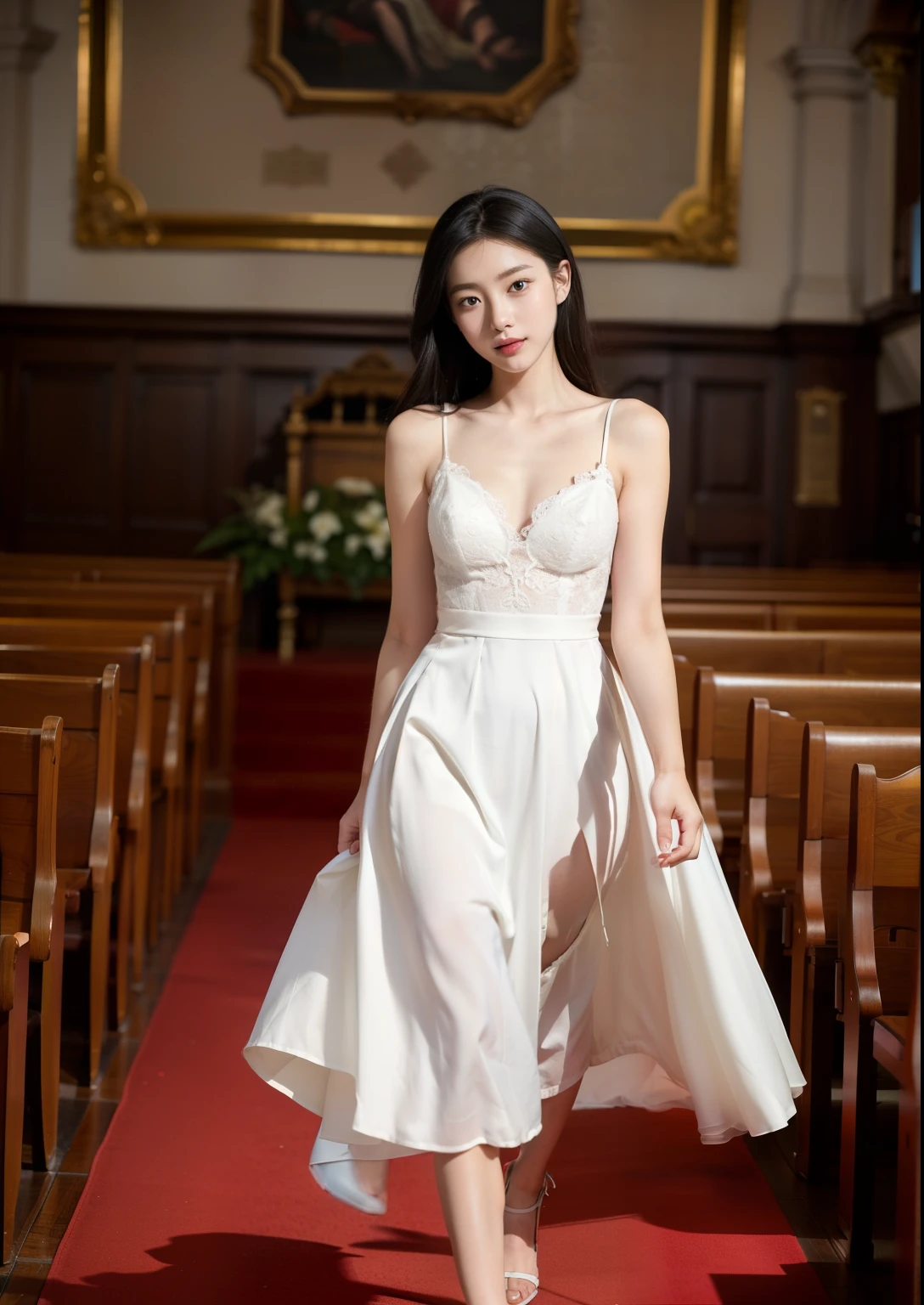 Beautiful 25 year old skinny woman。She is wearing a summer wedding dress. She is walking and her legs crossed and one leg is visible. She is shying and smiling in the church. She is illuminated by sunset. the evening church lights is on . her black hair. High resolution、masterpiece、highest quality、頭w:1.0、((Hasselblad Photos))、fine skin、(movie lighting)、clavicle . Her full body picture.