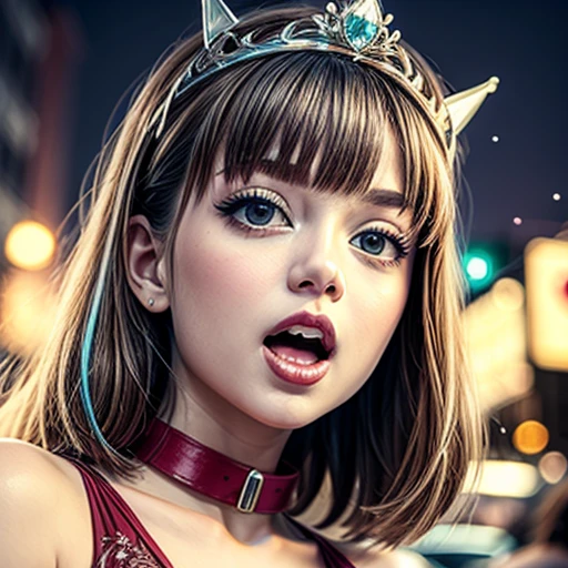 masterpiece of professional Analog photo, realistic and photorealistic with touch of rawness, (a close-up portrait of a tiny princess wearing thongs on a city street), Dusk violet Sky, intricate lighting effects with light particles, (many colorful lights dazzling bokeh), Traffic lights, a crowd of fashionable street girls in the background, { Childish | Gigantic Cleavage }, (((NOGIZAKA)))  Extremely Detailed very KAWAII face variation, perfect ???????, captivating gaze, elaborate detailed Eyes with (sparkling highlights:1.2), long eyelashes、Glossy RED Lips with beautiful details, Coquettish tongue, Rosy cheeks . (Dynamic joyful expressions), { pleasure in agony | ??????? | :D | screaming | Perplexed }, Mystic sight . hair and eye color is same color, { Red leather high collar | Red ribbon }, from diagonally angle. short bob, Tiny princess tiara .