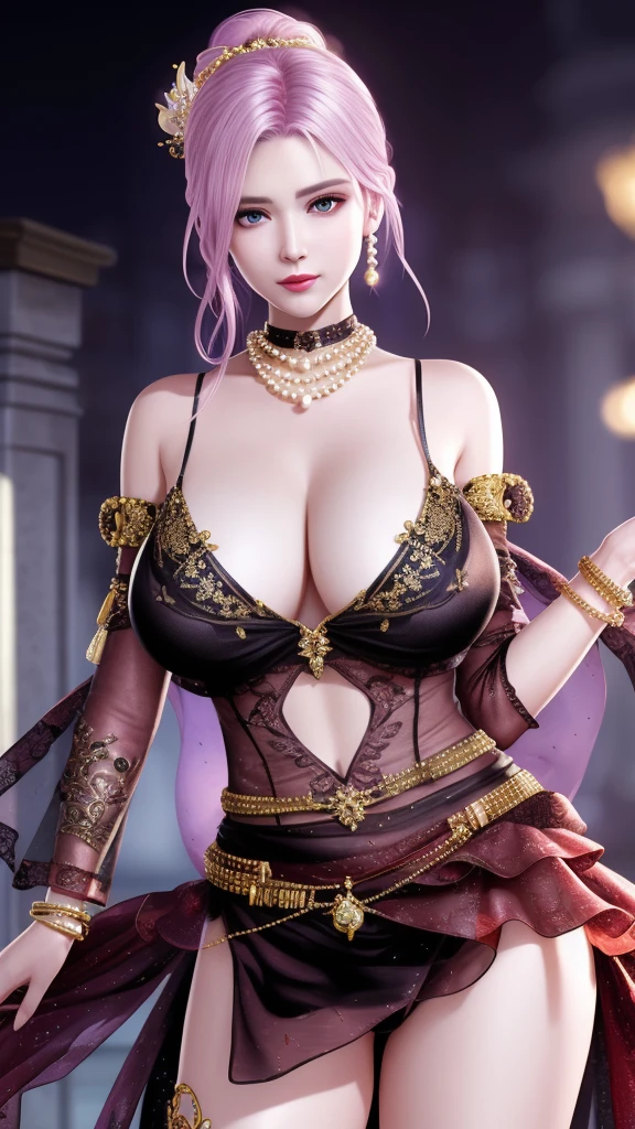 Ultra-realistic 8k CG, picture-Perfect face, Flawless, Clean, masterpiece, Professional artwork, Famous Artworks, movie lighting, Bloom, Perfect face, Pretty Face, fantasy, dreamlike, illusory, Science fiction, Huge breasts, beautiful clothes, Lace, Lace trim, Lace-trimmed legwear, (rich:1.4), prestige, Luxury, Jewelry, diamond, Kaneko, pearl, gem, 蓝gem, 红gem, emerald, Intricate details, Exquisite pattern, charming, Tempting, Tempting, , enchanting, Hair accessories, neckLace, earrings, bracelet, armband,Halo ((,1 Girl:1.5,Solitary,absurd, High resolution, emaciated,Transparent sleeves, ))