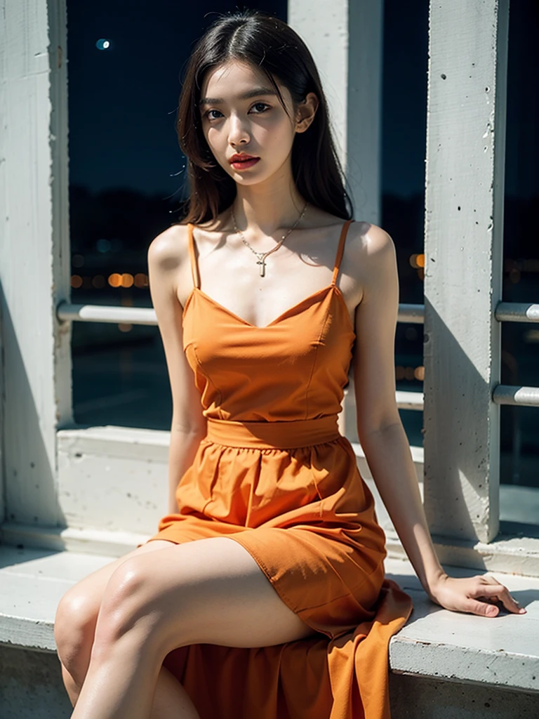 8K, ultra hd, masterpiece, 1 girl, good face, long hair, detailed eyes, glossy lips, medium breast, princess dress, orange dress, strap dress, bare waist:1, lace, necklace, jewellery, in the night club, reflection on dress:1.5, orange lighting, sitting,