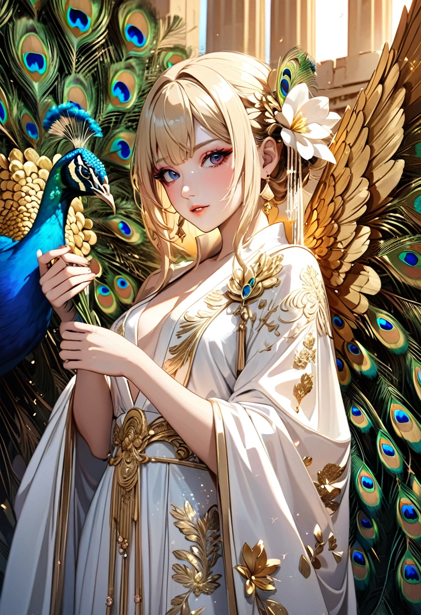 (masterpiece, best quality:1.1),
(ultra highres, ultra-detailed:1.2) ,raman girl,blonde,hair ornaments,flower pattern White Robe,(has Peacock wings), BREAK,detailed hand,Holding flower in both hands,Scarlet aura,divine,beautiful effects,Alluring,Background:Parthenon temple,dynamic pose,(Glitter:1.5) ,(sparkle:1.5) ,