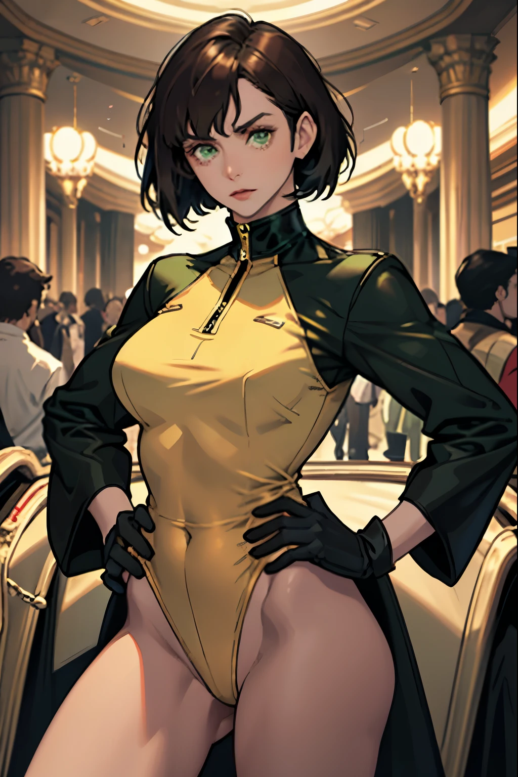 One girl, Mature Adult, Dark brown hair, Gold Leotard,gloves, Hands on hips, casino, bracelet, Green Eyes, alone, single, Bob Hair