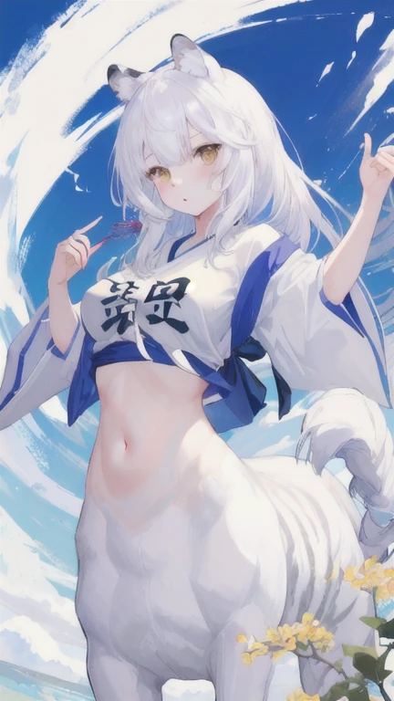 (best quality, masterpiece), 1 girl, centaur, It takes,White skin, Japanese teenage , belly button t-shirt, 아름다운 소녀 perfect white tiger photo, perfect white tiger photo