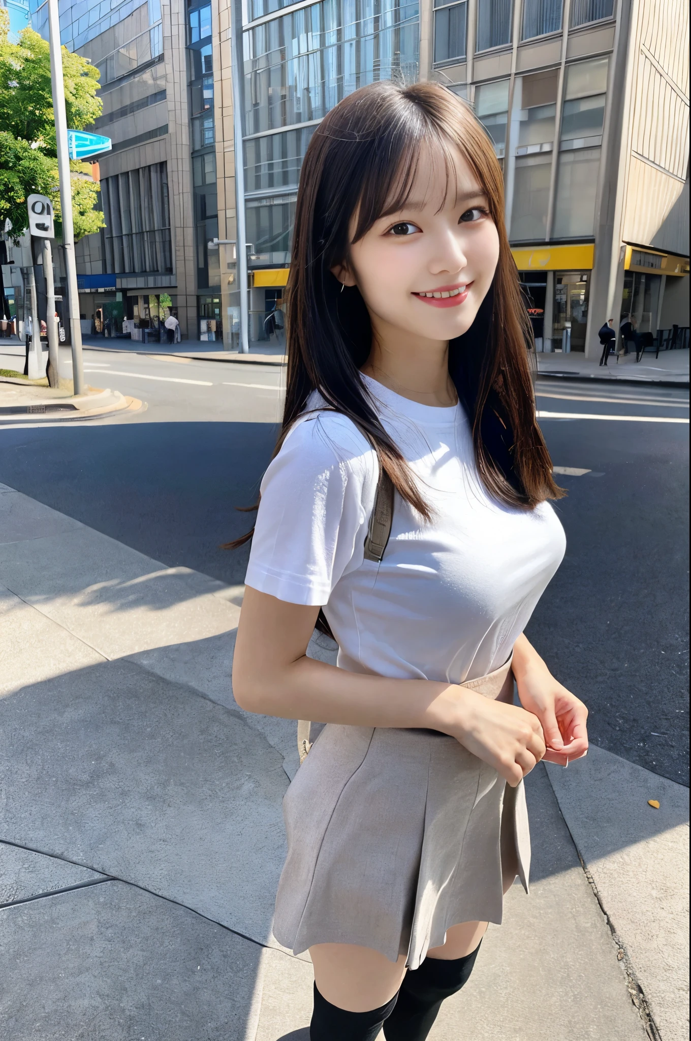 (Full Body:1.4), (Masterpiece, Top quality, Ultra High Definition, 8K),(realistic, photo-realistic:1.4), (1 cute Japanese woman:1.2), age 18, (round face, moon face:1.3), Shiny Hair, Straight Hair, (Absurdly Long Hair:1.3), glossy lips, flawless skin, T-shirt, Ruffle skirt, Black socks, Shoes, Giddy Smile, Natural Light, From Behind, at Street, realhands,