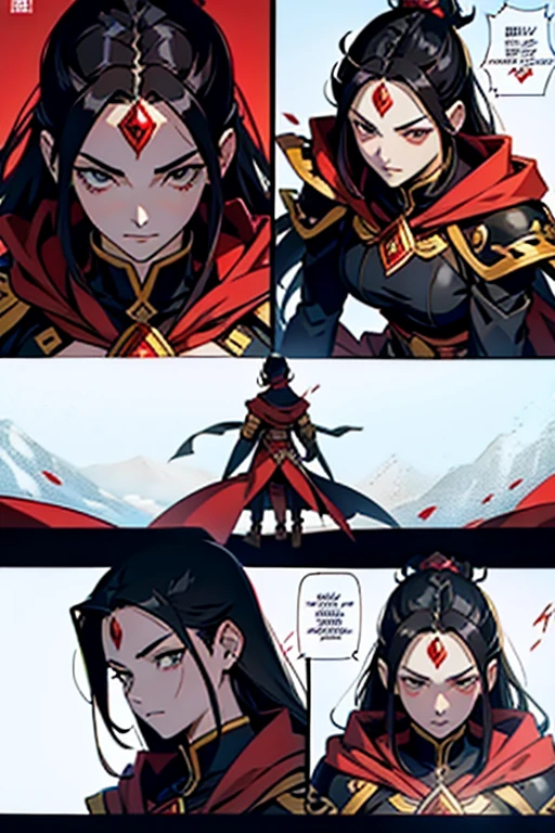 Empress with black hair and red diamond on forehead fighting, full body shots, manga page with panels and dialogue