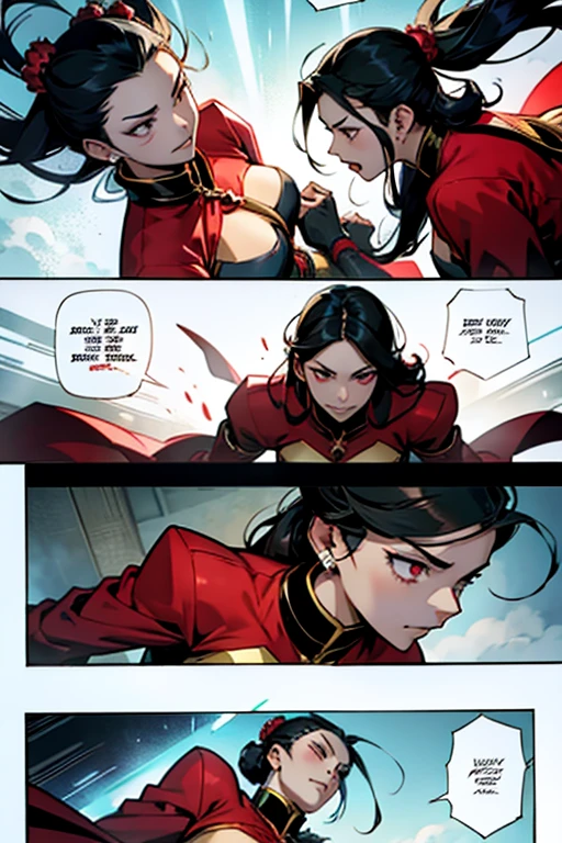 Empress with black hair and red diamond on forehead fighting, full body shots, manga page with panels and dialogue