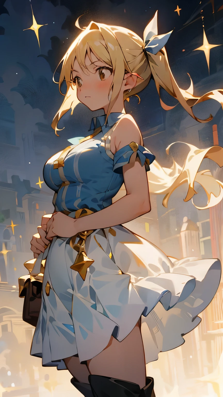 ****************、One girl, View palm、Expressionless、Fantastic look、Fairy, Pointed Ears, masterpiece, highest quality, High resolution, Lucy Heartfilia, Lucy Heartfilia, One girl, alone, Blonde Hair, Brown eyes, Long Hair, Side Ponytail, Hair Ribbon, Big Breasts, Earrings, Thigh-high boots, Blue Shirt, No sleeve, White Skirt, Dark Background, starlight, star,starをすくう、手のひらでstarを救い上げる