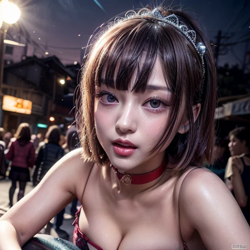 masterpiece of professional Analog photo, realistic and photorealistic with touch of rawness, (a close-up portrait of a tiny princess wearing thongs on a city street), Dusk violet Sky, intricate lighting effects with light particles, (many colorful lights dazzling bokeh), Traffic lights, a crowd of fashionable street girls in the background, { Childish | Gigantic Cleavage }, (((NOGIZAKA))) Extremely Detailed very KAWAII face variation, perfect anatomy, captivating gaze, elaborate detailed Eyes with (sparkling highlights:1.2), long eyelashes、Glossy RED Lips with beautiful details, Coquettish tongue, Rosy cheeks . (Dynamic joyful expressions), { pleasure in agony | Ecstasy | :D | screaming | Perplexed }, Mystic sight . hair and eye color is same color, { Red leather high collar | Red ribbon }, from diagonally angle. short bob, Tiny princess tiara .