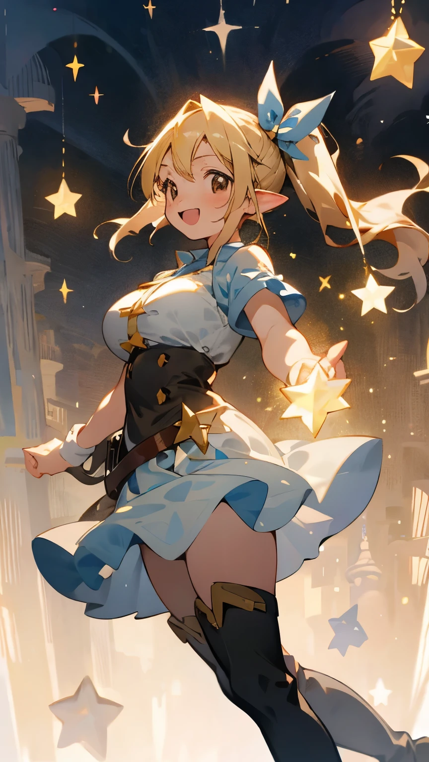 ****************、One girl, Magic key、Fairy, Pointed Ears, masterpiece, highest quality, High resolution, Lucy Heartfilia, Lucy Heartfilia, One girl, alone, Blonde Hair, Brown eyes, Long Hair, Side Ponytail, Hair Ribbon, Big Breasts, Earrings, Thigh-high boots, Blue Shirt, No sleeve, White Skirt, smile, Open your mouth, Dark Background, starlight, star,starをすくう、手のひらでstarを救い上げる